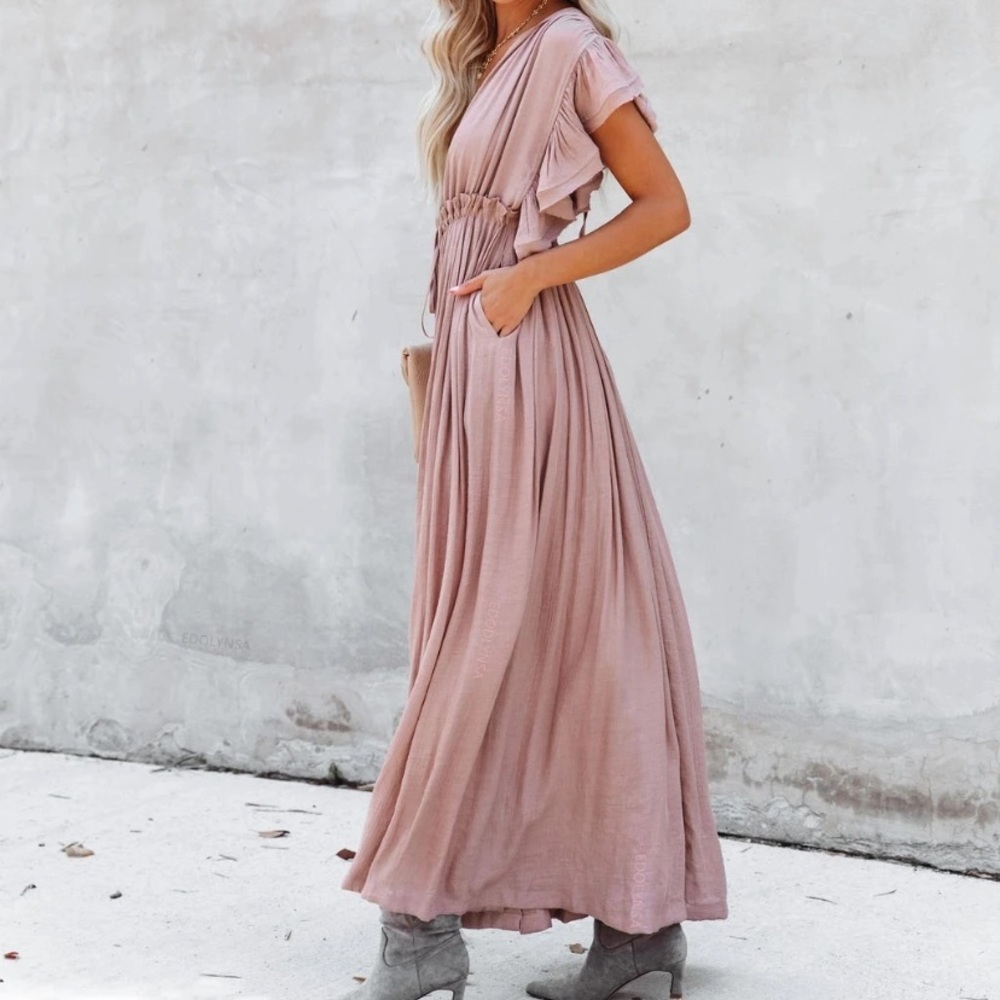 Light Dusty Pink Gauze Boho Button Maxi Coverup Dress - Picture 4 of 10